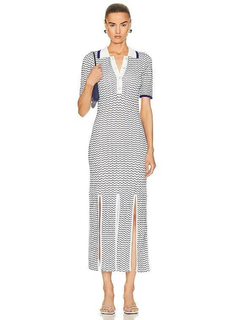 NWOT REMAIN 3d Wave Knit Polo Slit Dress Blue Chevron Collared 8